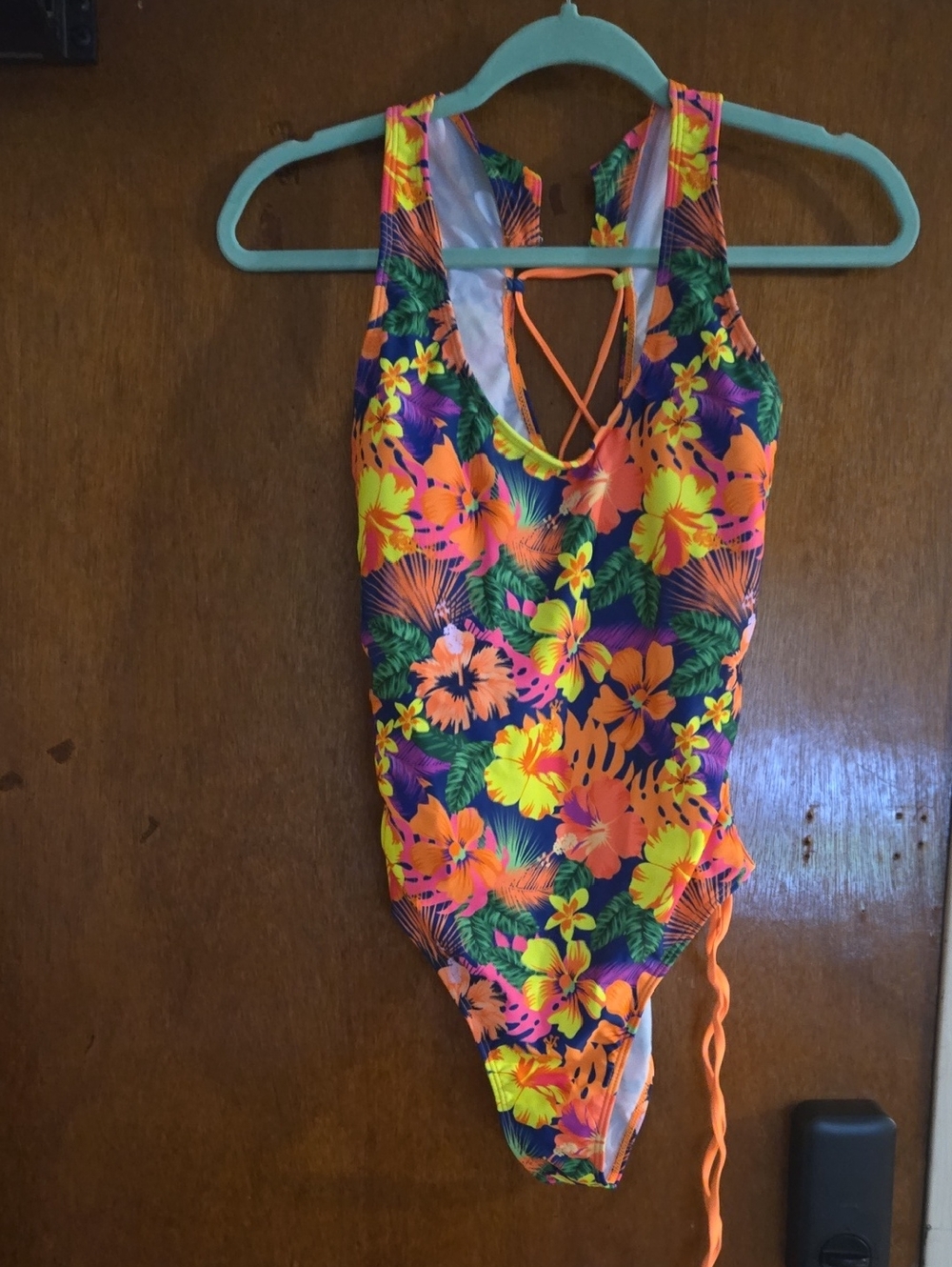 Tropical Floral One-Piece Swimsuit - Neon Orange & Yellow